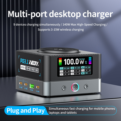 Punjač Stanica OEM WLX-R8A QI, 140W, 5A, 2 x USB-A - 6 x USB-C, Siva