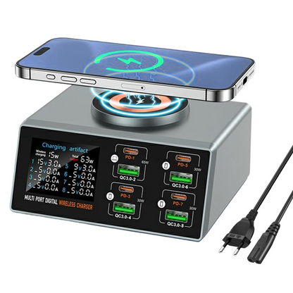 Punjač Stanica OEM WLX-X9S QI, 140W, 3A, 4 x USB-A - 4 x USB-C, Srebrni