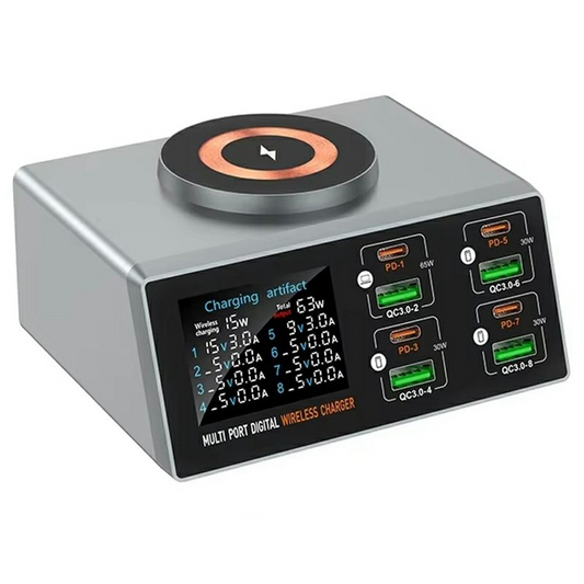 Punjač Stanica OEM WLX-X9S QI, 140W, 3A, 4 x USB-A - 4 x USB-C, Srebrni