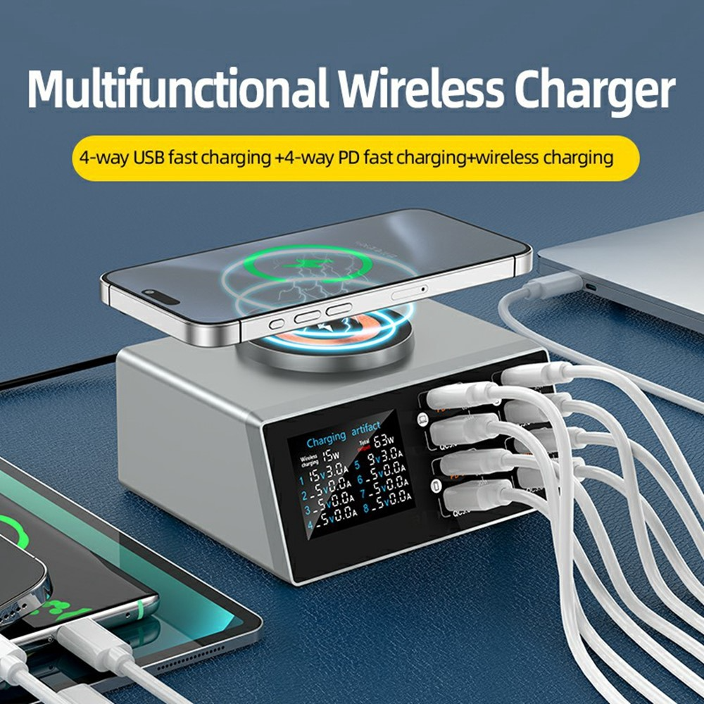Punjač Stanica OEM WLX-X9S QI, 140W, 3A, 4 x USB-A - 4 x USB-C, Srebrni