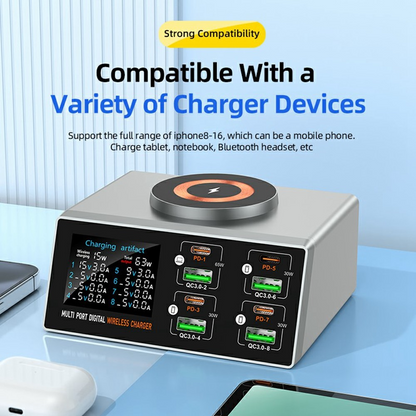 Punjač Stanica OEM WLX-X9S QI, 140W, 3A, 4 x USB-A - 4 x USB-C, Srebrni
