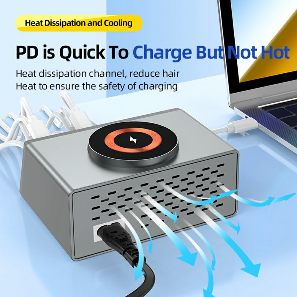 Punjač Stanica OEM WLX-X9S QI, 140W, 3A, 4 x USB-A - 4 x USB-C, Srebrni