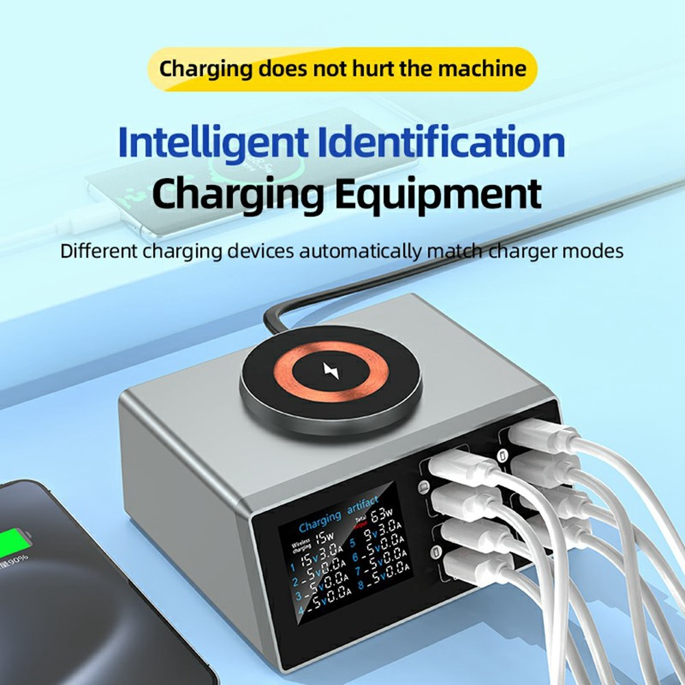 Punjač Stanica OEM WLX-X9S QI, 140W, 3A, 4 x USB-A - 4 x USB-C, Srebrni
