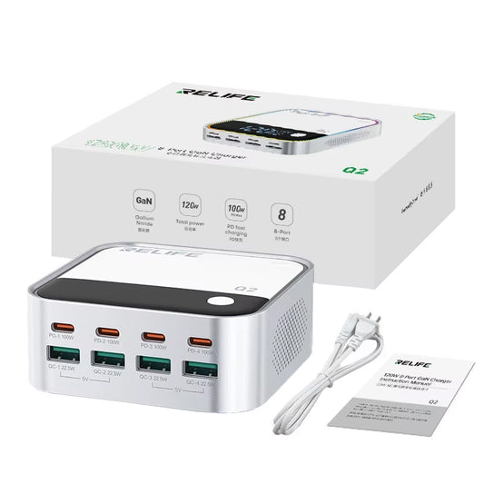 Punjač Stanica Relife Q2, 120W, 5A, 4 x USB-A - 4 x USB-C, Srebrni