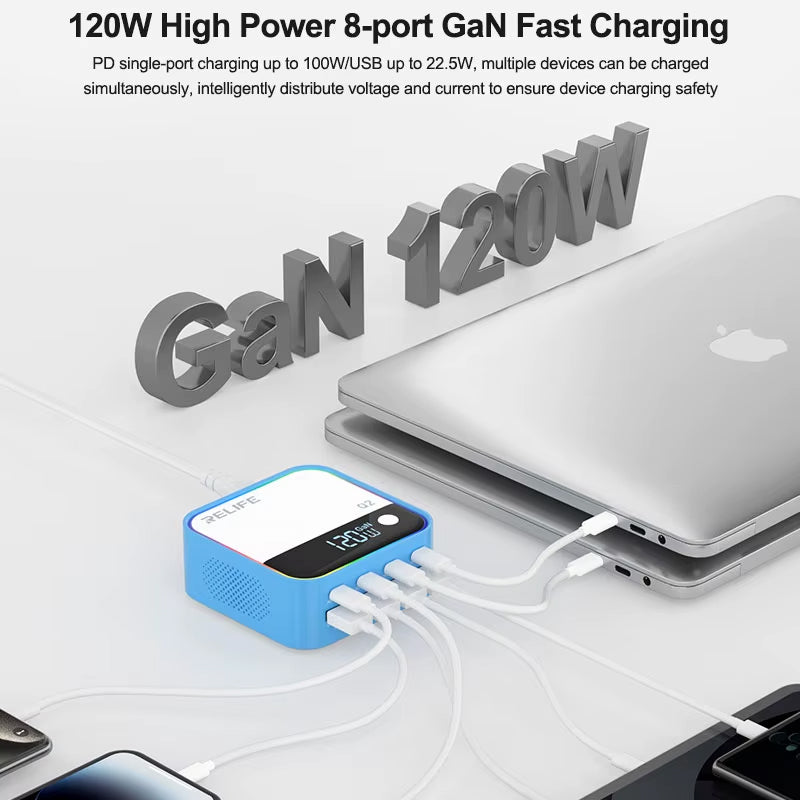 Punjač Stanica Relife Q2, 120W, 5A, 4 x USB-A - 4 x USB-C, Plavi