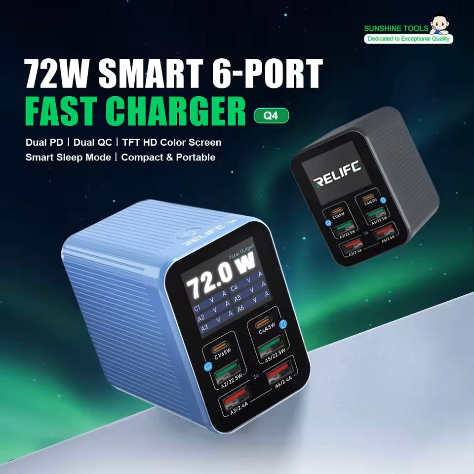 Punjač Stanica Relife Q4, 72W, 5A, 2 x USB-C - 4 x USB-A, Plavi