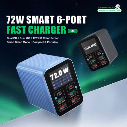 Punjač Stanica Relife Q4, 72W, 5A, 2 x USB-C - 4 x USB-A, Plavi