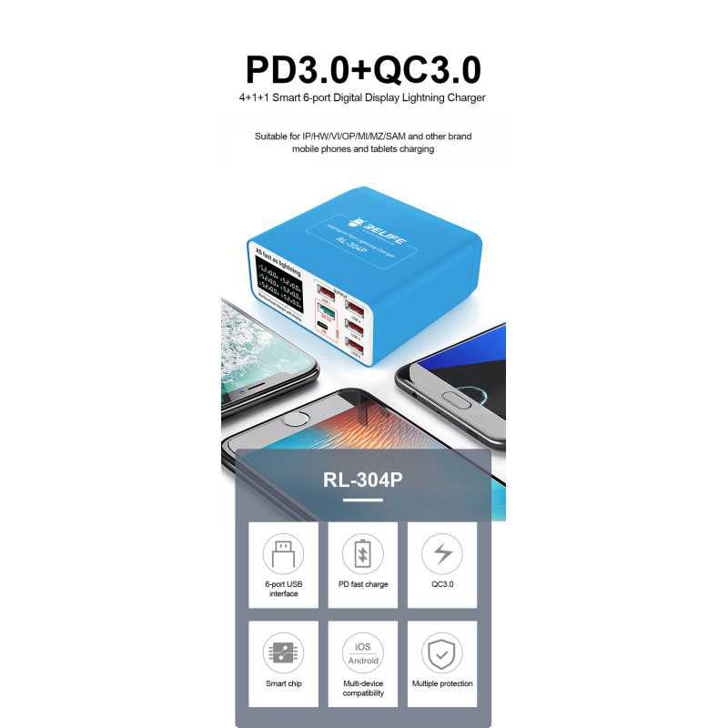 Punjač Stanica Relife RL-304P, 40W, 3A, 1 x USB-C - 5 x USB-A, Plavi