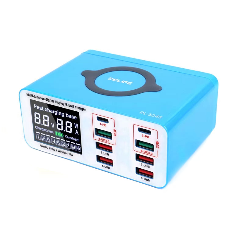 Punjač Stanica Relife RL-304S QI, 110W, 3A, 2 x USB-C - 6 x USB-A, Plavi