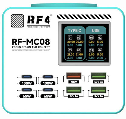 Punjač Stanica RF4 RF-MC08, 150W, 5A, 4 x USB-A - 4 x USB-C, Tirkizna