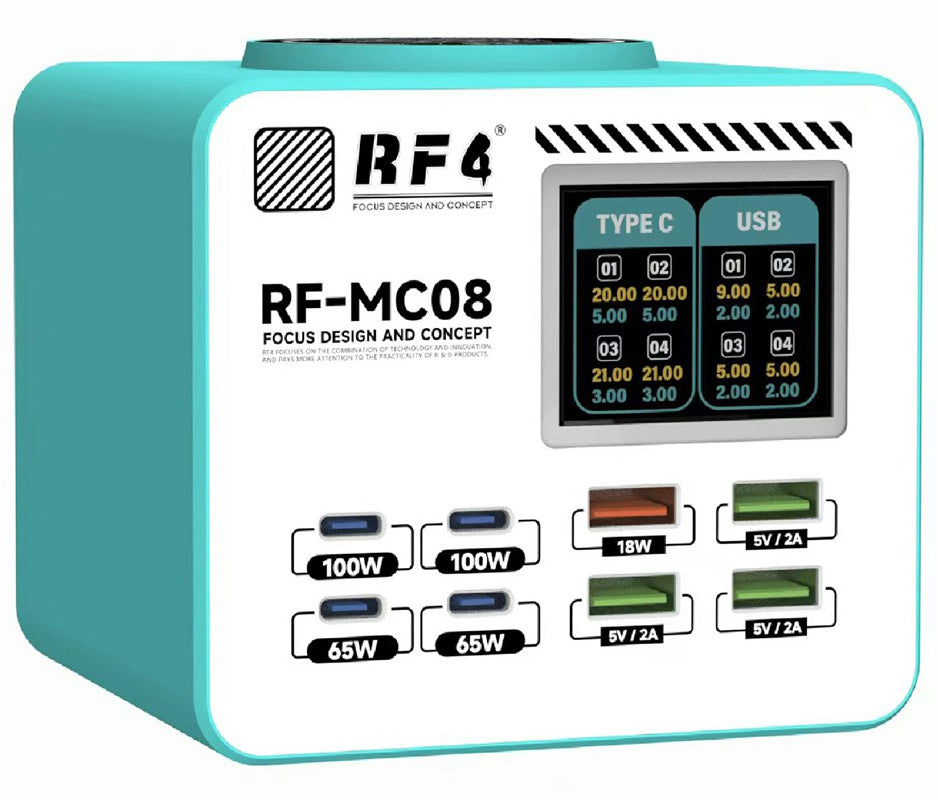 Punjač Stanica RF4 RF-MC08, 150W, 5A, 4 x USB-A - 4 x USB-C, Tirkizna