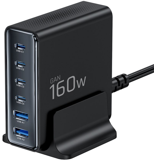 Punjač Stanica Tech-Protect DC160W-GAN, 160W, 5A, 2 x USB-A - 4 x USB-C, Crna