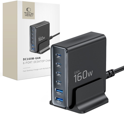 Punjač Stanica Tech-Protect DC160W-GAN, 160W, 5A, 2 x USB-A - 4 x USB-C, Crna