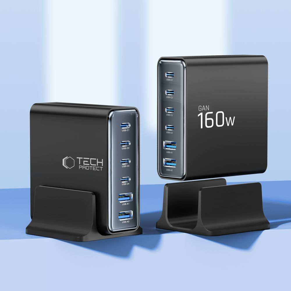 Punjač Stanica Tech-Protect DC160W-GAN, 160W, 5A, 2 x USB-A - 4 x USB-C, Crna