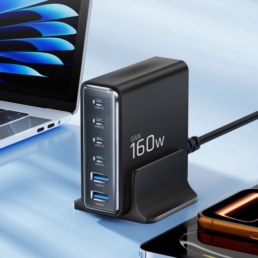 Punjač Stanica Tech-Protect DC160W-GAN, 160W, 5A, 2 x USB-A - 4 x USB-C, Crna