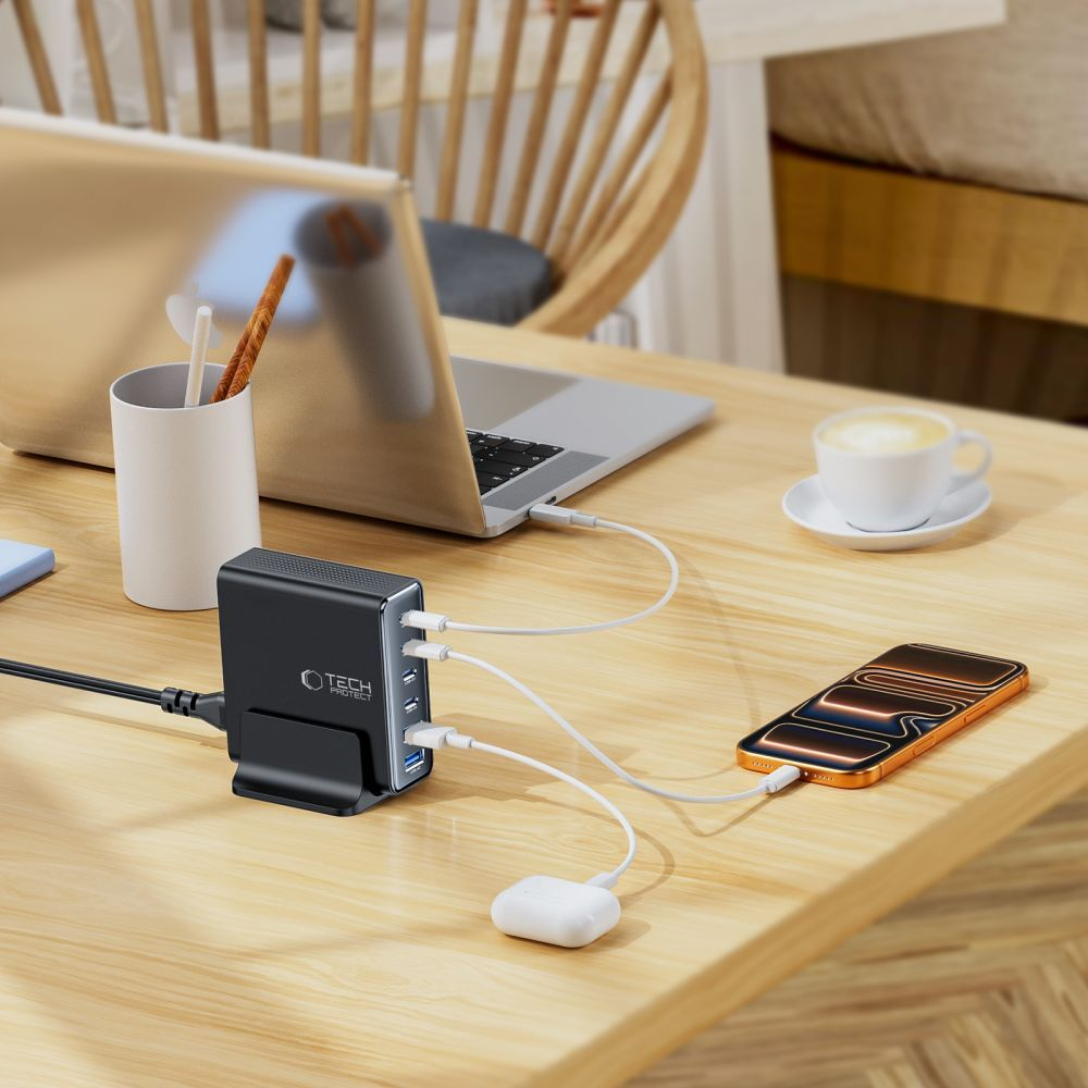 Punjač Stanica Tech-Protect DC160W-GAN, 160W, 5A, 2 x USB-A - 4 x USB-C, Crna