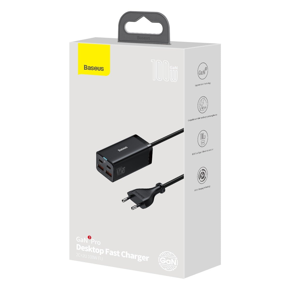 Punjač Stanica USB-C Baseus GaN3 Pro, 100W, 5A, 2 x USB-A - 2 x USB-C, Crna, Ponovo zapakovano CCGP000101