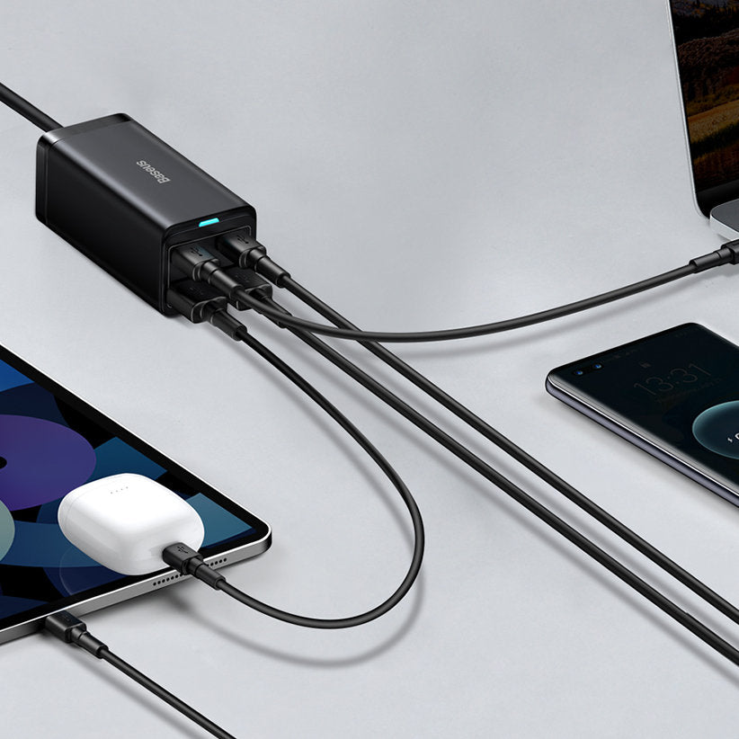 Punjač Stanica USB-C Baseus GaN3 Pro, 100W, 5A, 2 x USB-A - 2 x USB-C, Crna, Ponovo zapakovano CCGP000101