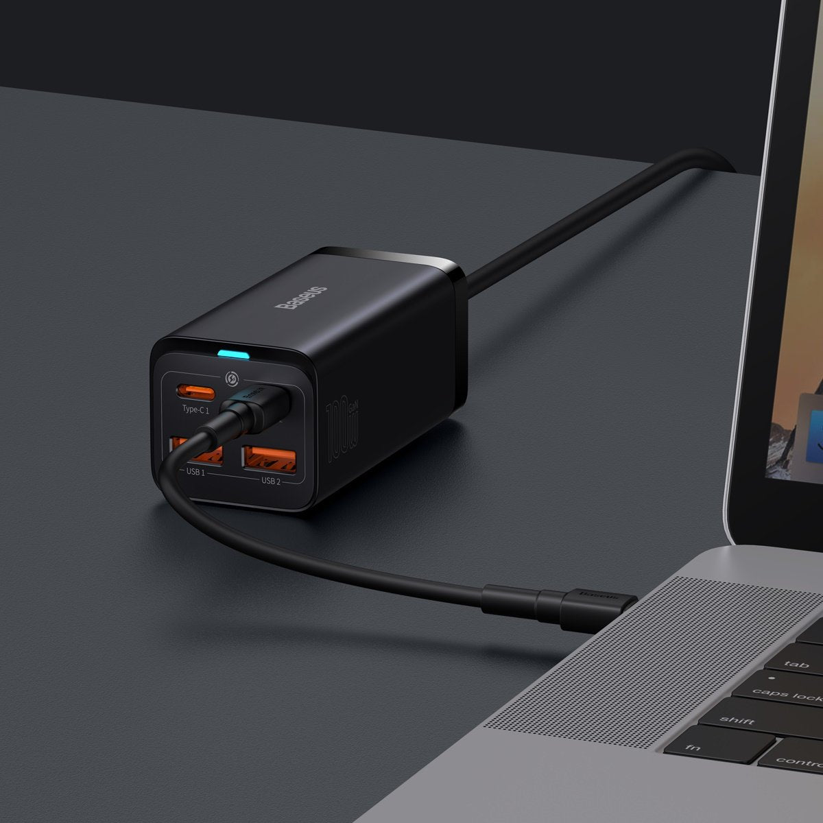 Punjač Stanica USB-C Baseus GaN3 Pro, 100W, 5A, 2 x USB-A - 2 x USB-C, Crna, Ponovo zapakovano CCGP000101