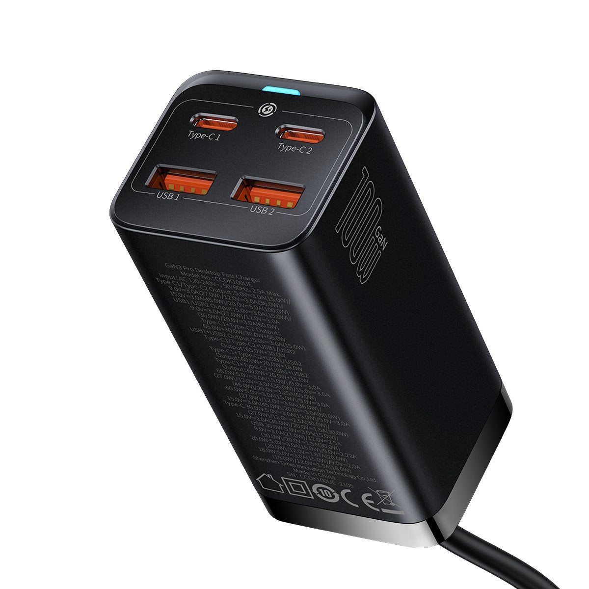 Punjač Stanica USB-C Baseus GaN3 Pro, 100W, 5A, 2 x USB-A - 2 x USB-C, Crna, Ponovo zapakovano CCGP000101