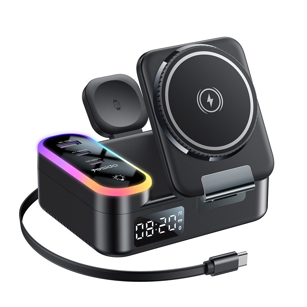Punjač Stanica Yesido DS38 Display QI 3in1, 65W, 3A, 1 x USB-A - 2 x USB-C, Crna
