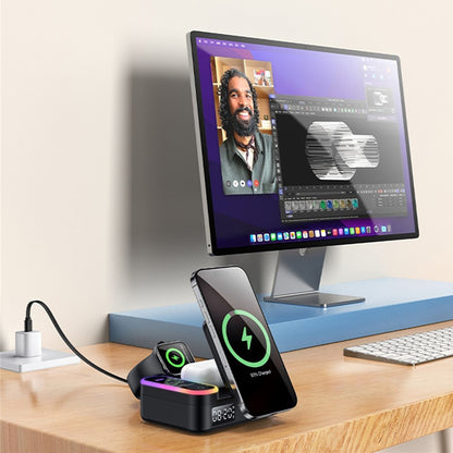 Punjač Stanica Yesido DS38 Display QI 3in1, 65W, 3A, 1 x USB-A - 2 x USB-C, Crna