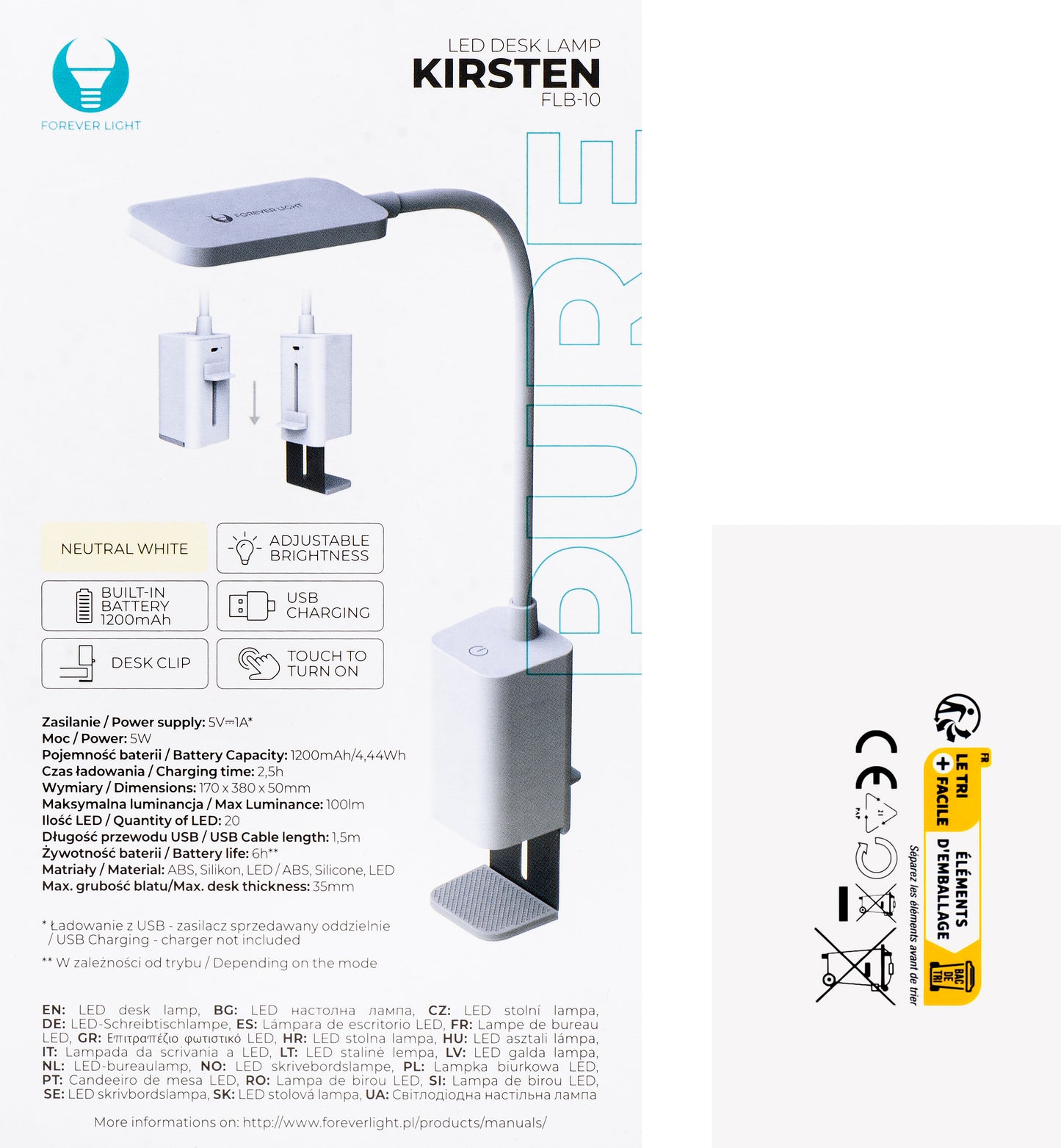 LED lampa za radni stol Forever FLB-10 Clip, 6W, 4000K, Bijela