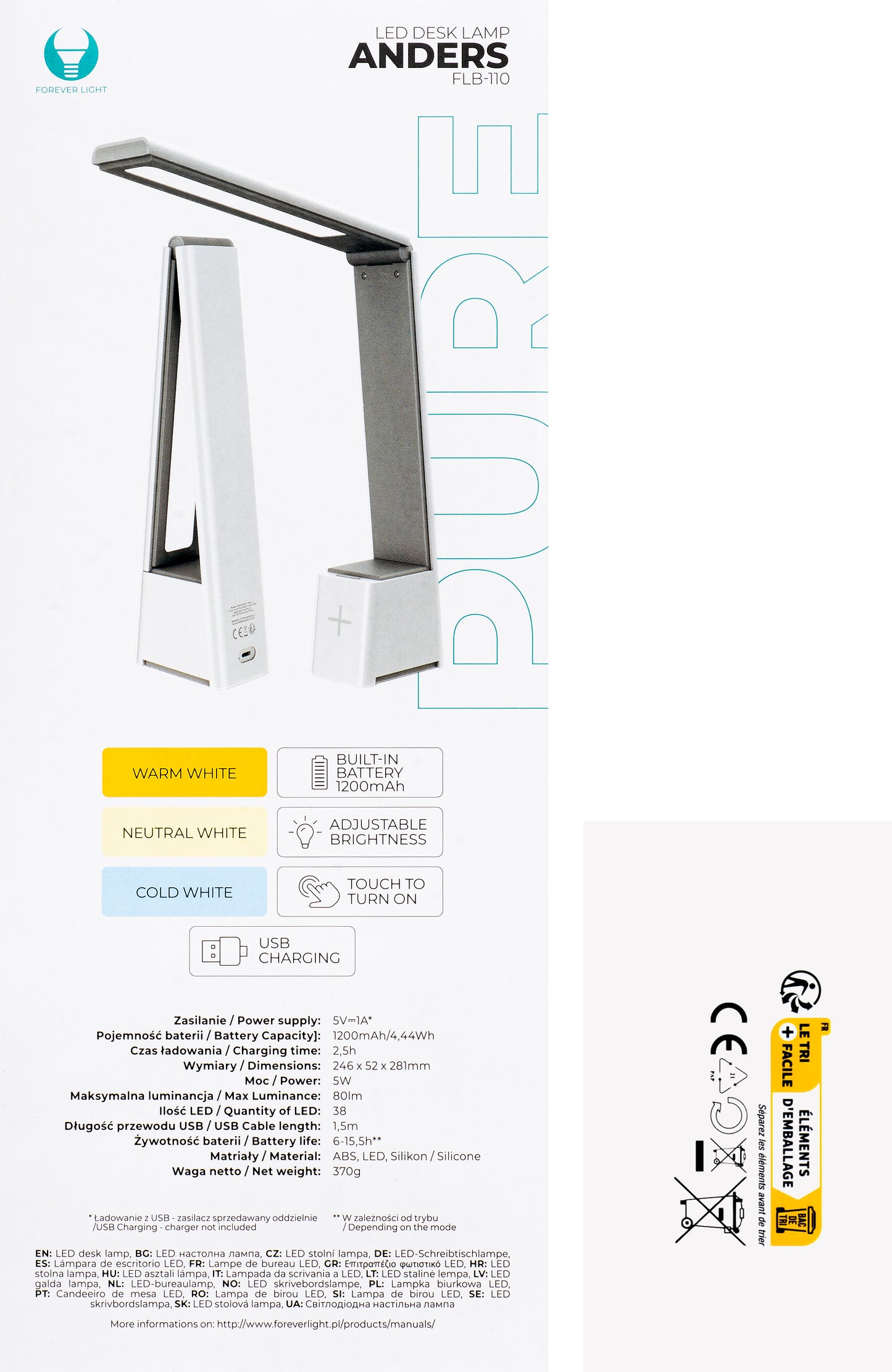 Led lampa za radni stol Forever FLB-110 sklopiva, 5W, 6000K, bijela