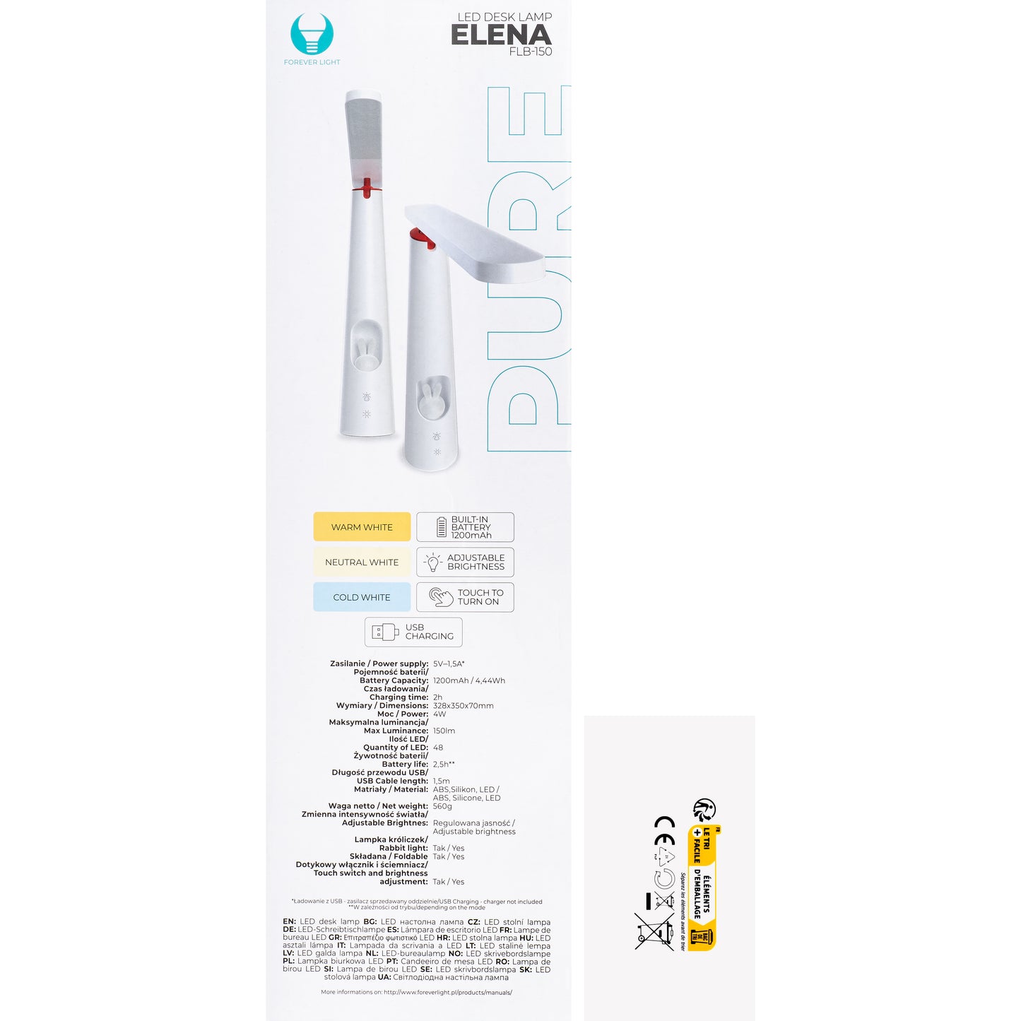 LED stolna lampa Forever FLB-150 Bunny, 7.5W, 3000K - 6000K, bijela