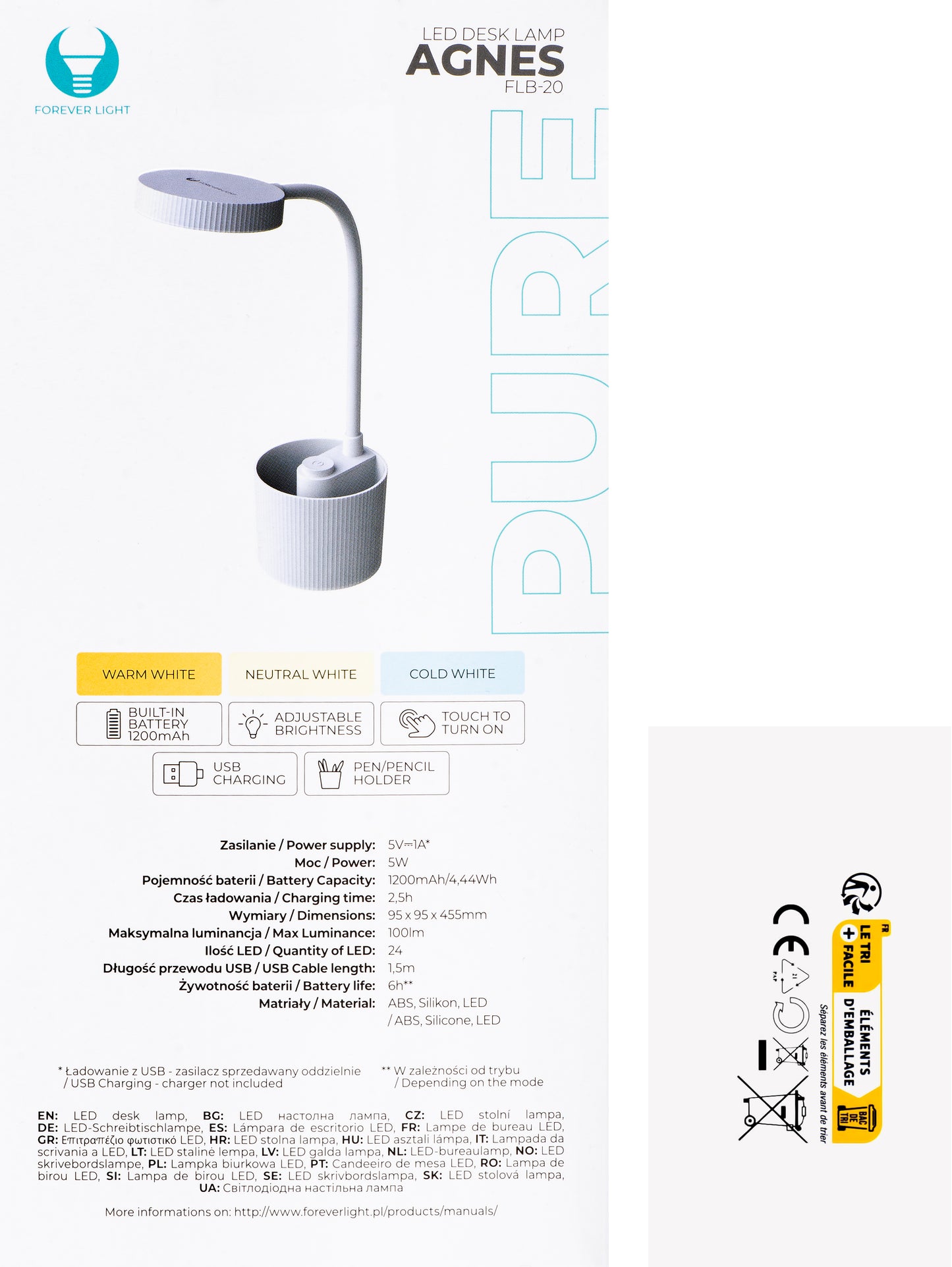 LED lampa za radni stol Forever FLB-20 Organizer, 5W, 3000K - 6000K, bijela
