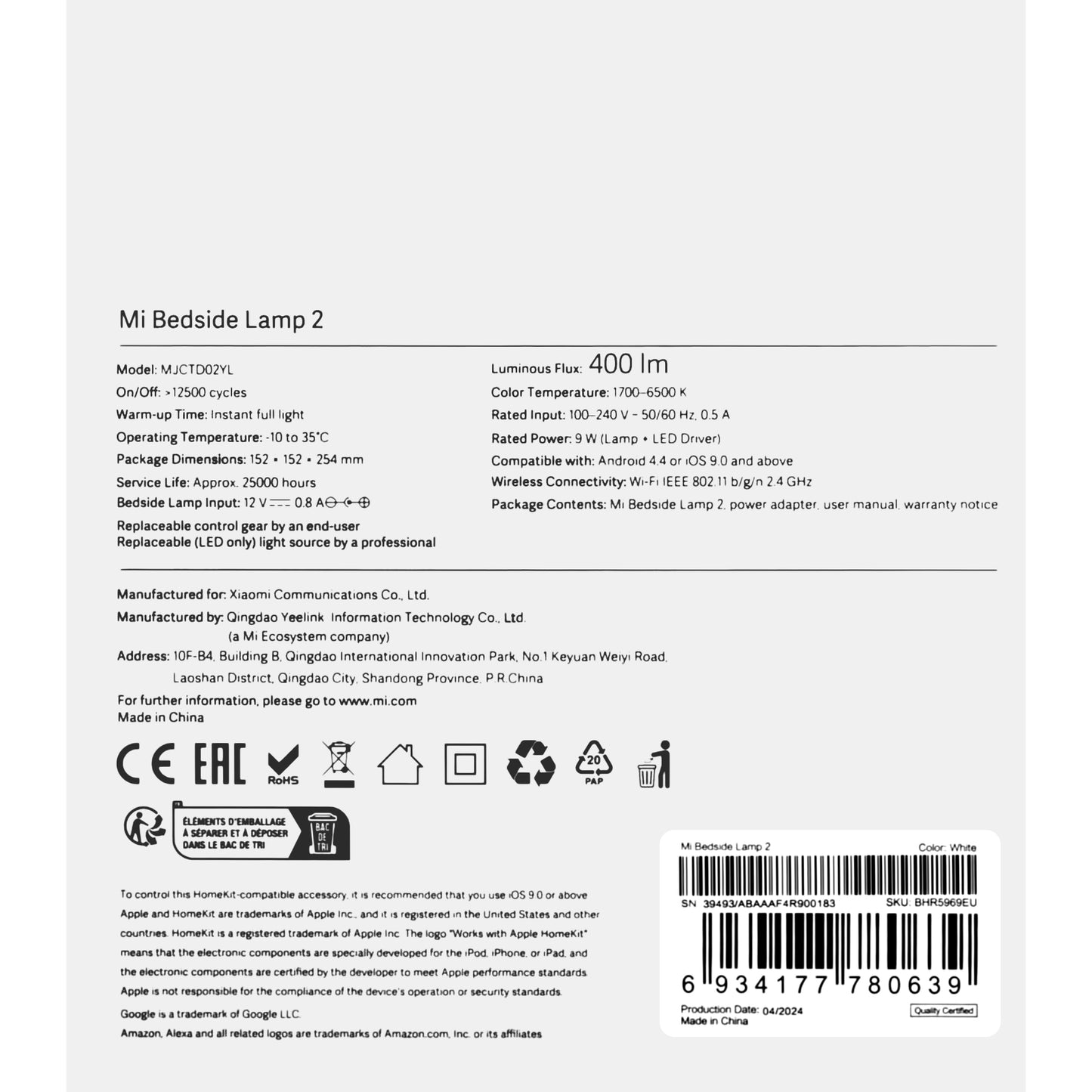 Veghe Xiaomi Xiaomi Bedside Led Lamp 2, Wi-Fi, RGBW BHR5969EU BHR5969EU 