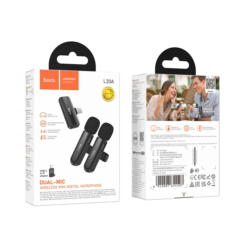 Lavaliera HOCO L20A, USB-C / Lightning, Set 2 komada, Crna