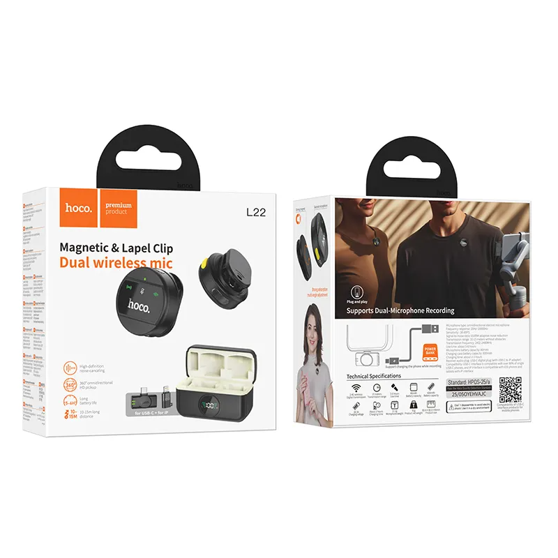Lavaliera HOCO L22, USB-C / Lightning, Set 2 komada, Crna
