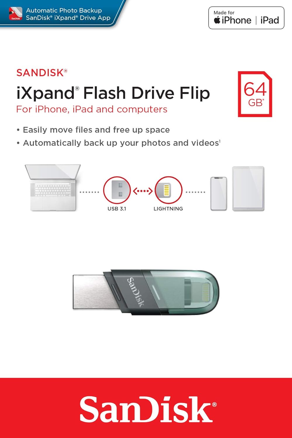 Spoljna memorija USB-A 3.1 / Lightning SanDisk iXpand Flip, 64Gb SDIX90N-064G-GN6NN