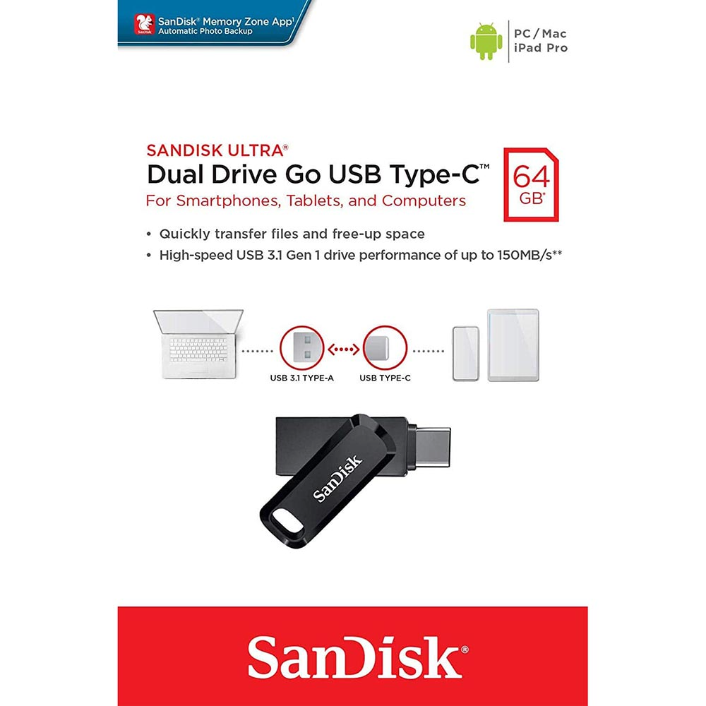 Eksterna memorija USB-A 3.2 / USB-C SanDisk Ultra Dual Go, 64Gb SDDDC3-064G-G46