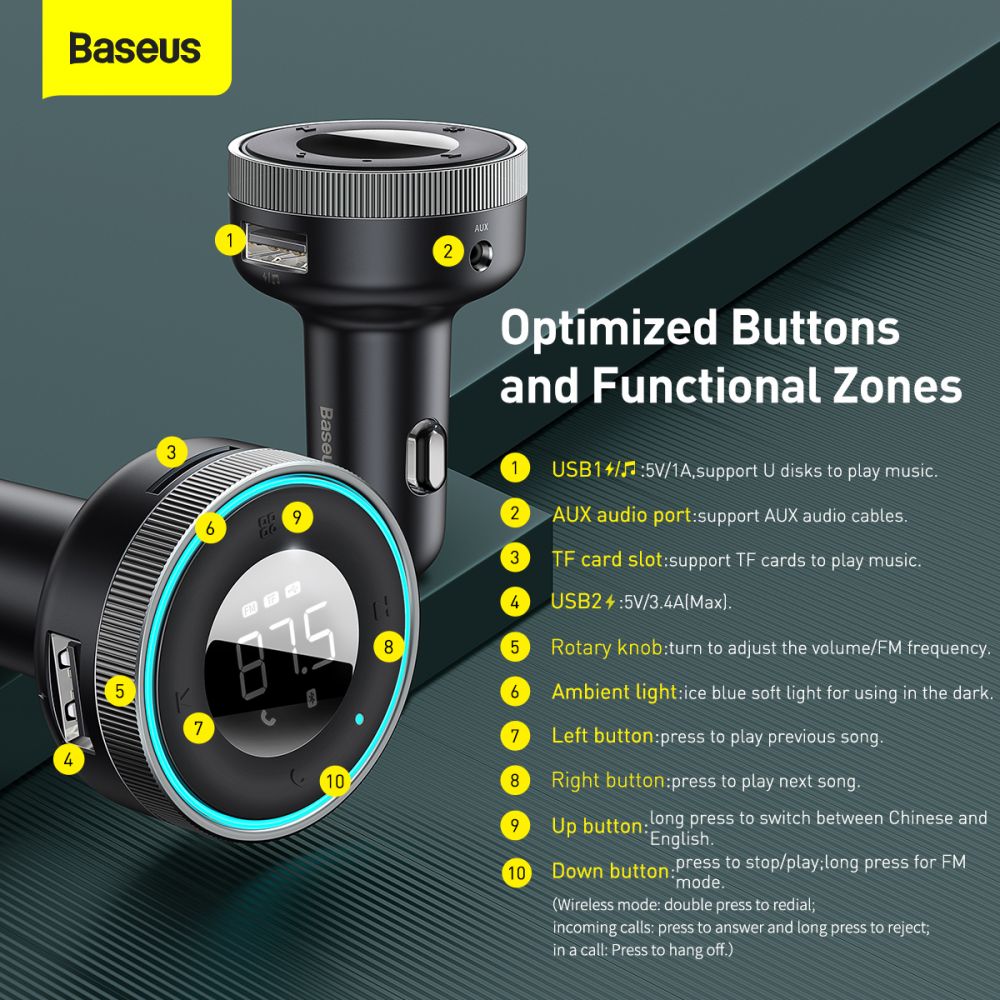 Baseus Enjoy Bluetooth FM Modulator, Mp3 Player, 2 x USB, Black CCLH-01