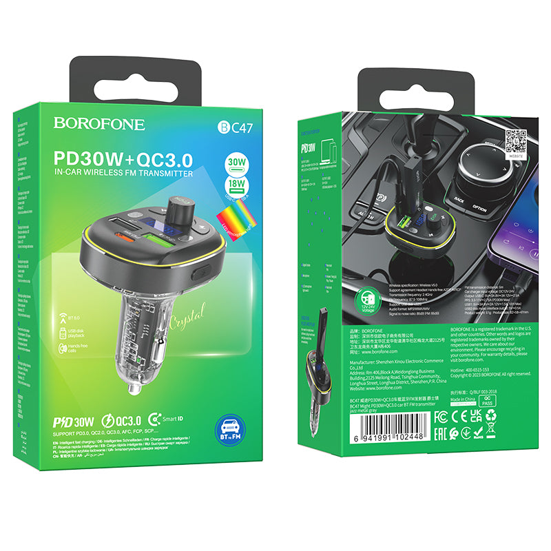Bluetooth FM Modulator Borofone Bluetooth BC47, 2 x USB-A - 1 x USB-C 
