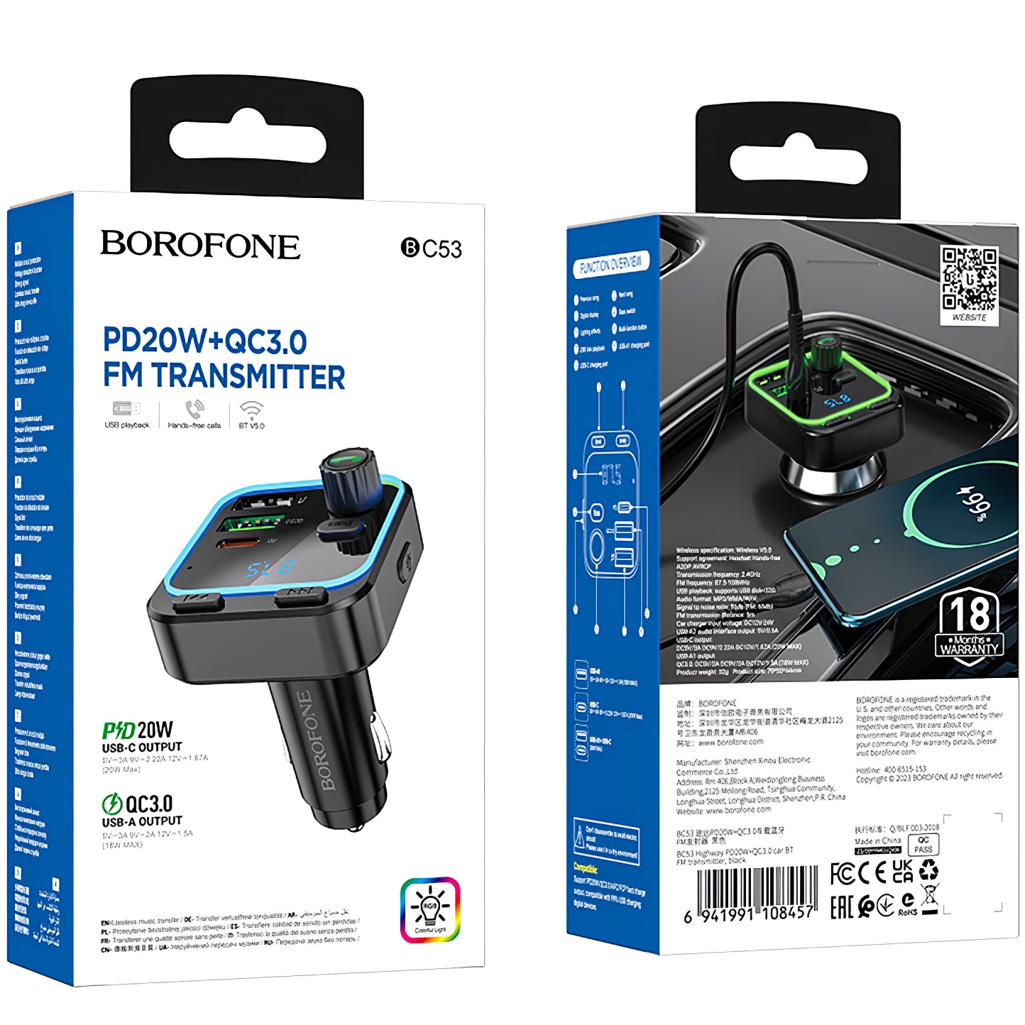 Bluetooth FM Modulator BC53 Highway, 2 x USB-A - 1 x USB-C 