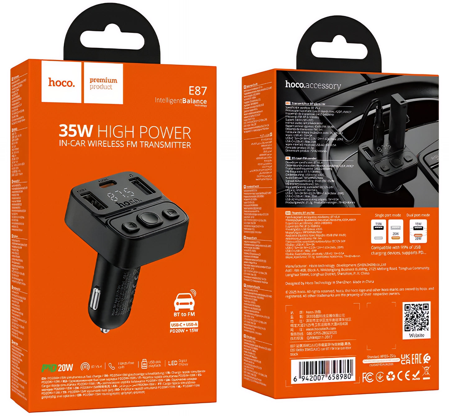 FM Bluetooth modulator HOCO E87, 2 x USB-A - 1 x USB-C