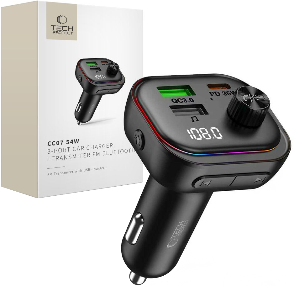 FM Bluetooth modulator Tech-Protect CC07, 2 x USB-A - 1 x USB-C