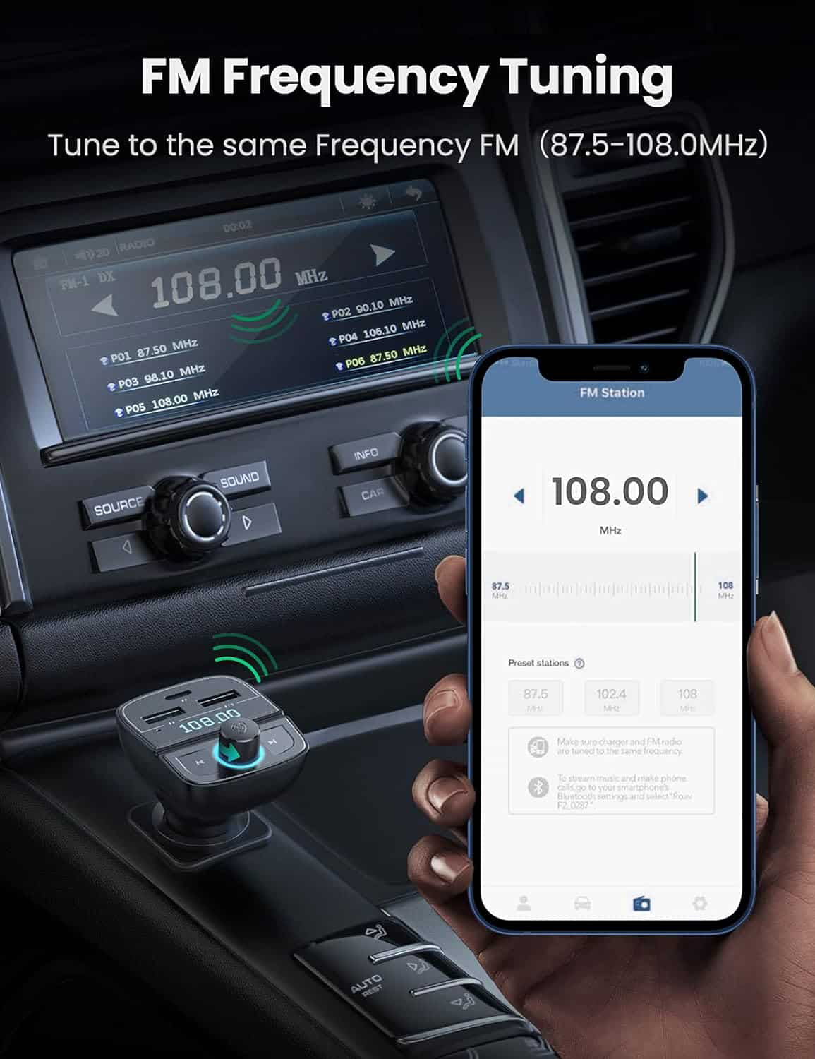 Bluetooth FM Modulator UGREEN CD229, 2 x USB-A - 1 x USB-C - 1 x microSD
