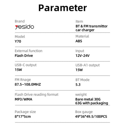 Modulator FM Bluetooth Yesido Y70, 2 x USB-A - 1 x USB-C