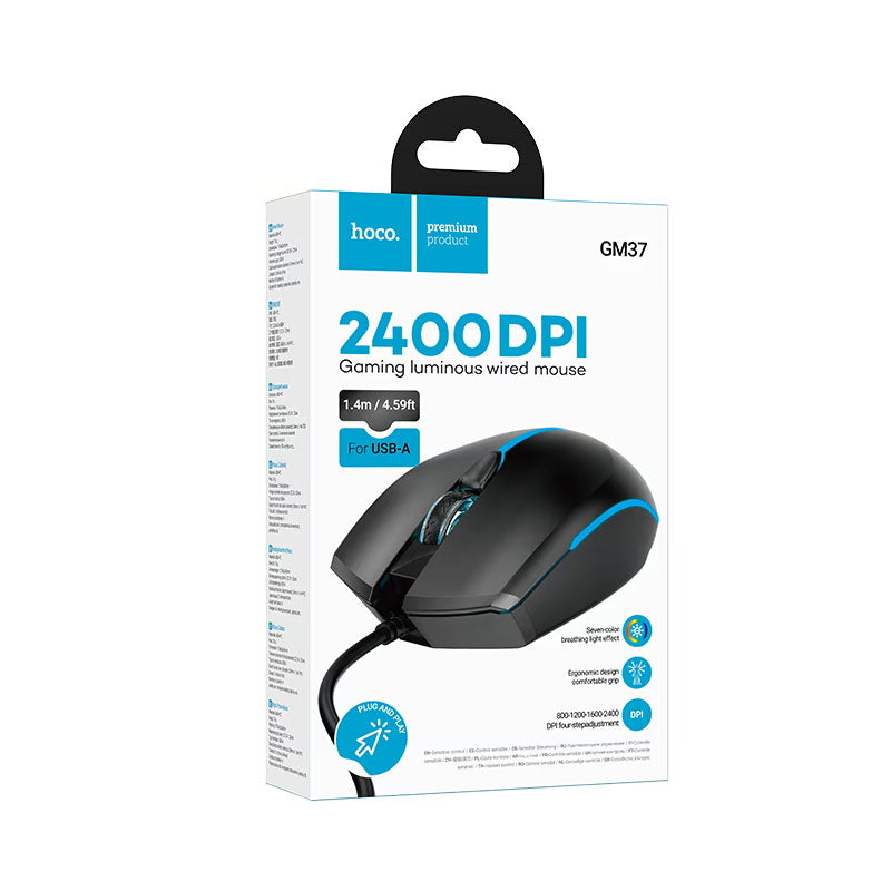 Gejmerski miš sa žicom USB HOCO GM37, RGB, 2400DPI, Crni