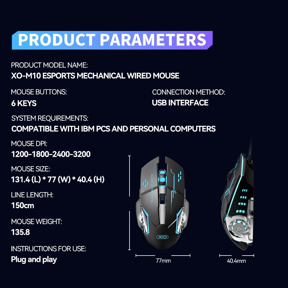 Gaming miš sa kablom USB XO Design M10, RGB, 3200DPI, Crna
