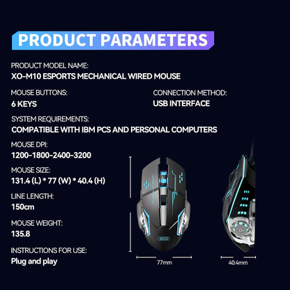 Gaming miš sa kablom USB XO Design M10, RGB, 3200DPI, Crna