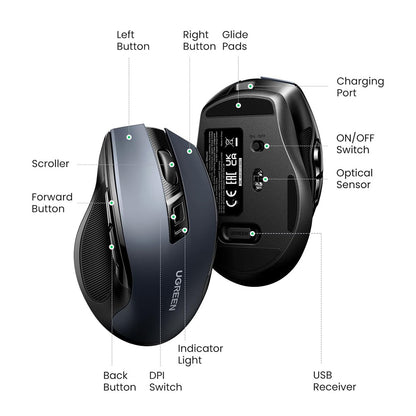 Bežični miš UGREEN MU006S (85082), 4000DPI, BT / Wi-Fi, Sivi