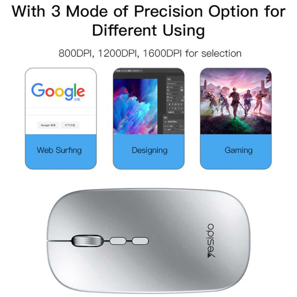 Mouse Wireless Yesido KB15, 800DPI - 1600DPI, Srebrni