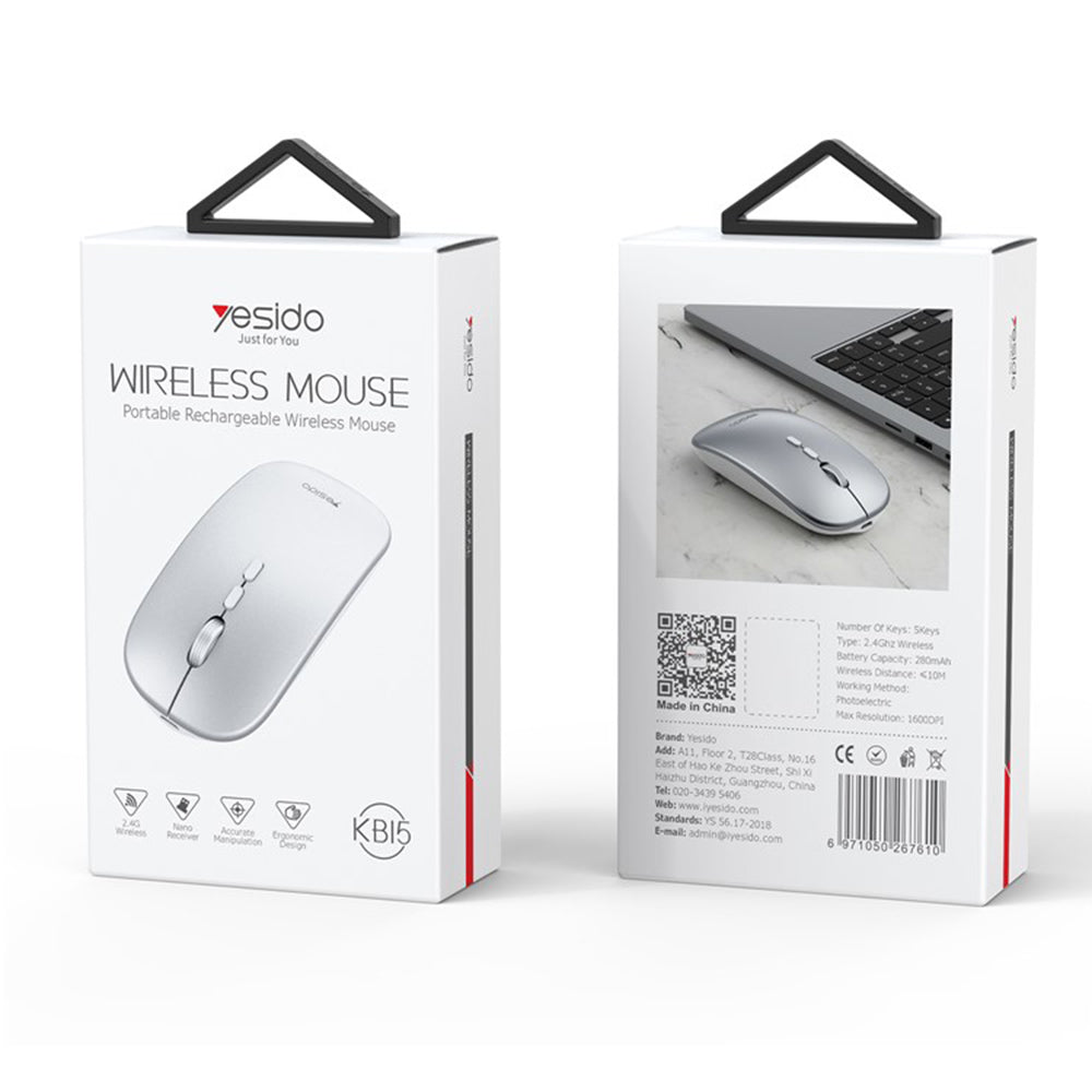 Mouse Wireless Yesido KB15, 800DPI - 1600DPI, Srebrni