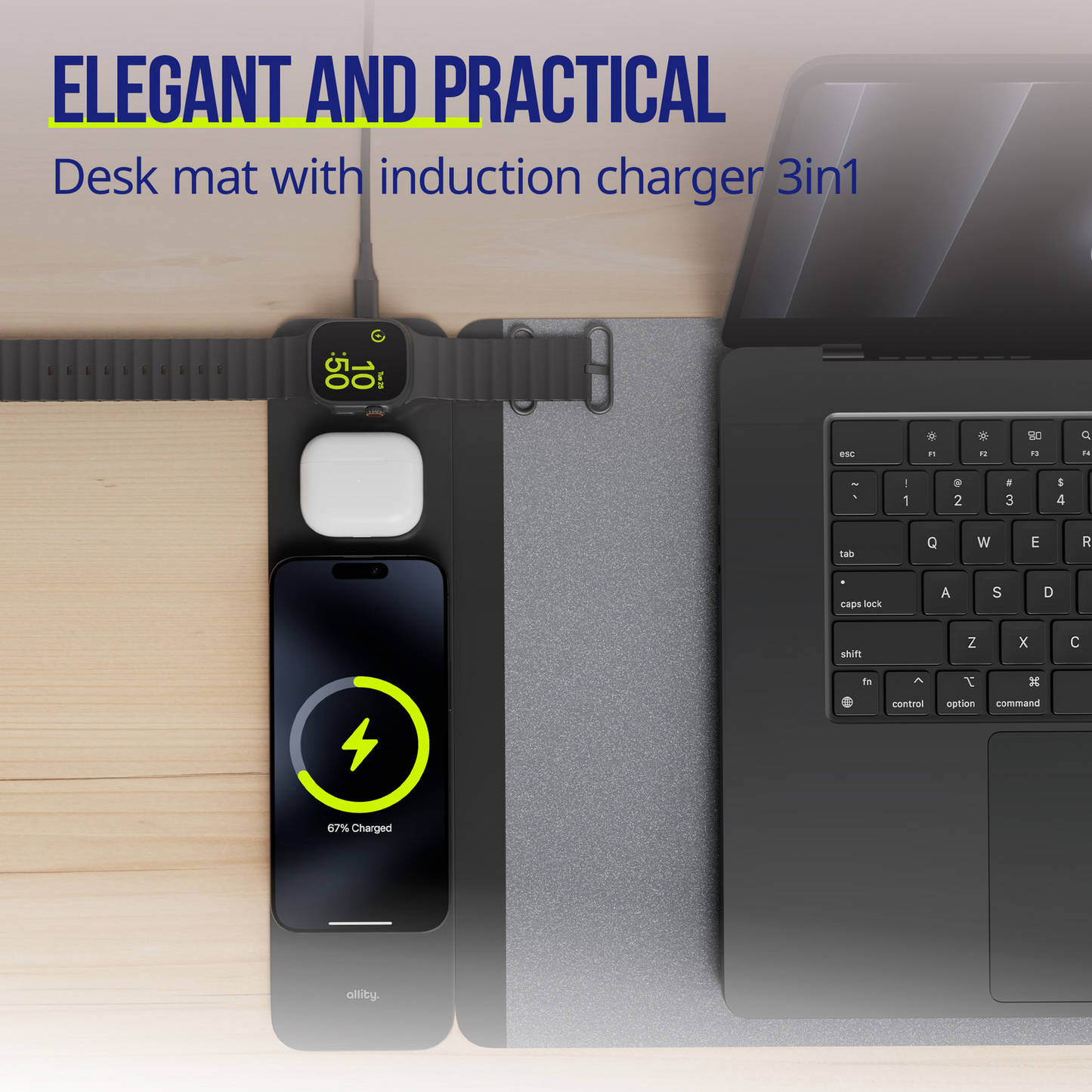 MousePad Allity. ALP-100 4u1 sa Bežičnim Punjenjem Telefon / Sat / Slušalice, Crna
