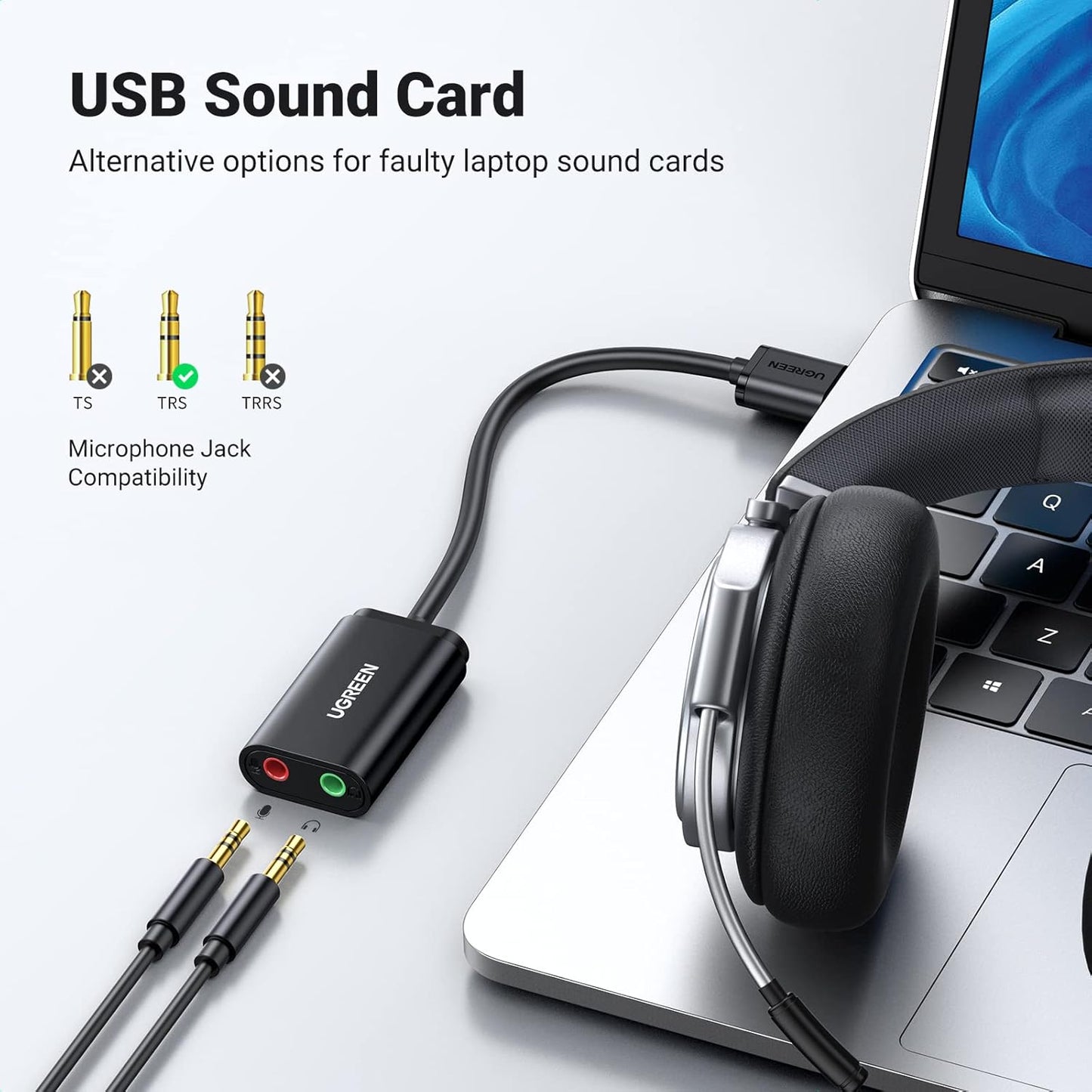 USB sound card UGREEN US205, 2 x 3.5mm jack, Black 